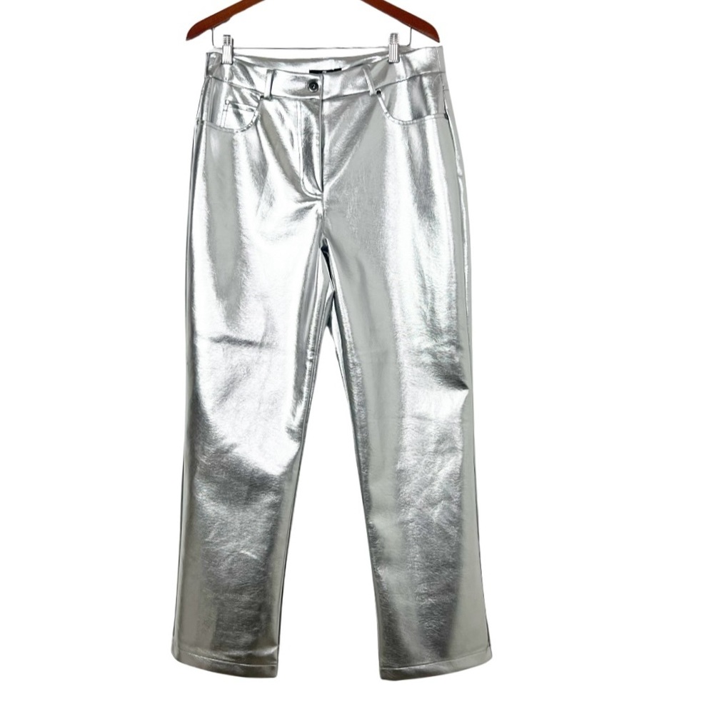NEW 7 For All Mankind Metallic Straight Leg Faux Leather Pants Silver Size LG - Picture 4 of 11